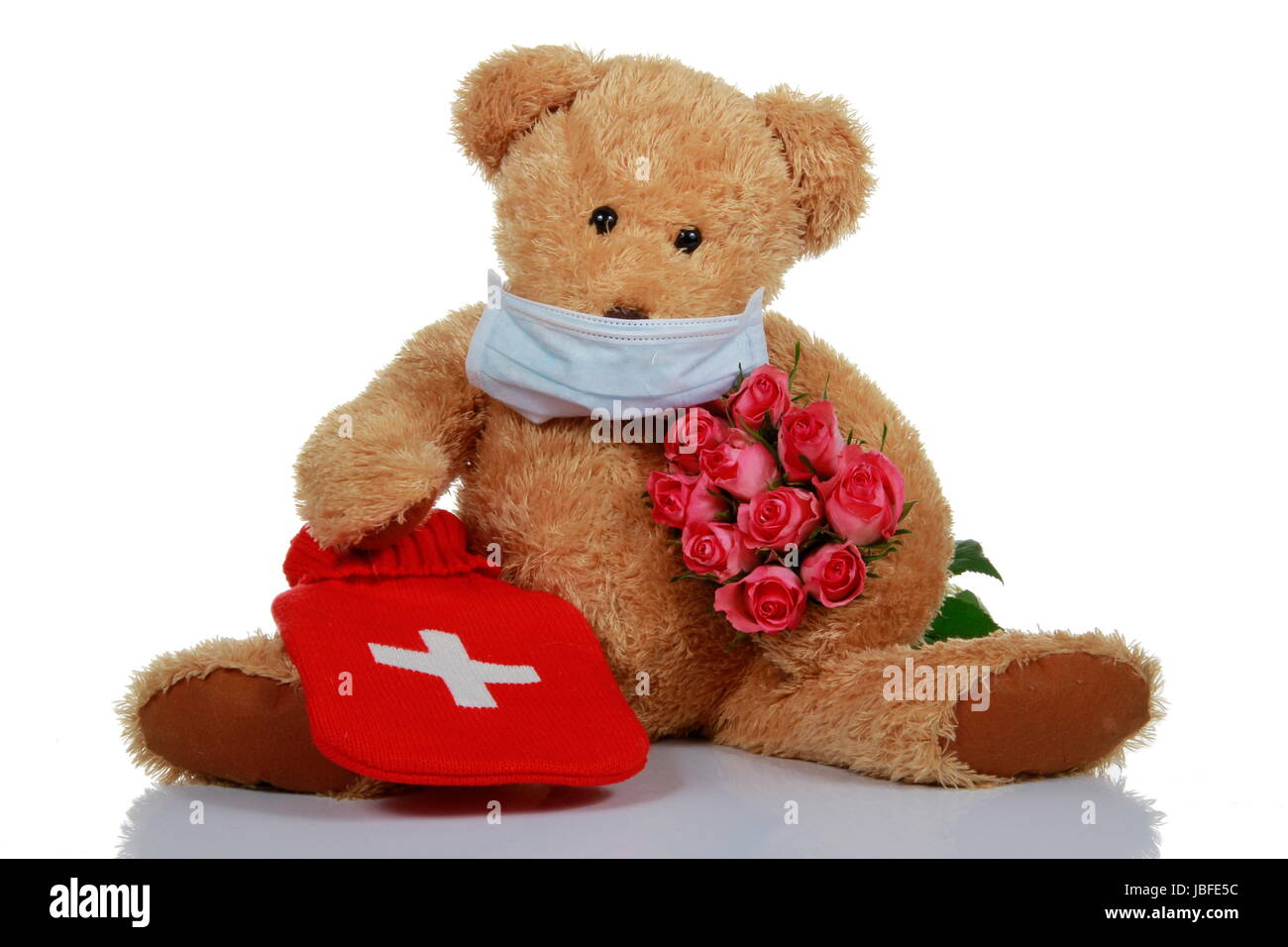 teddy bear with hot water bottle and roses Stock Photo