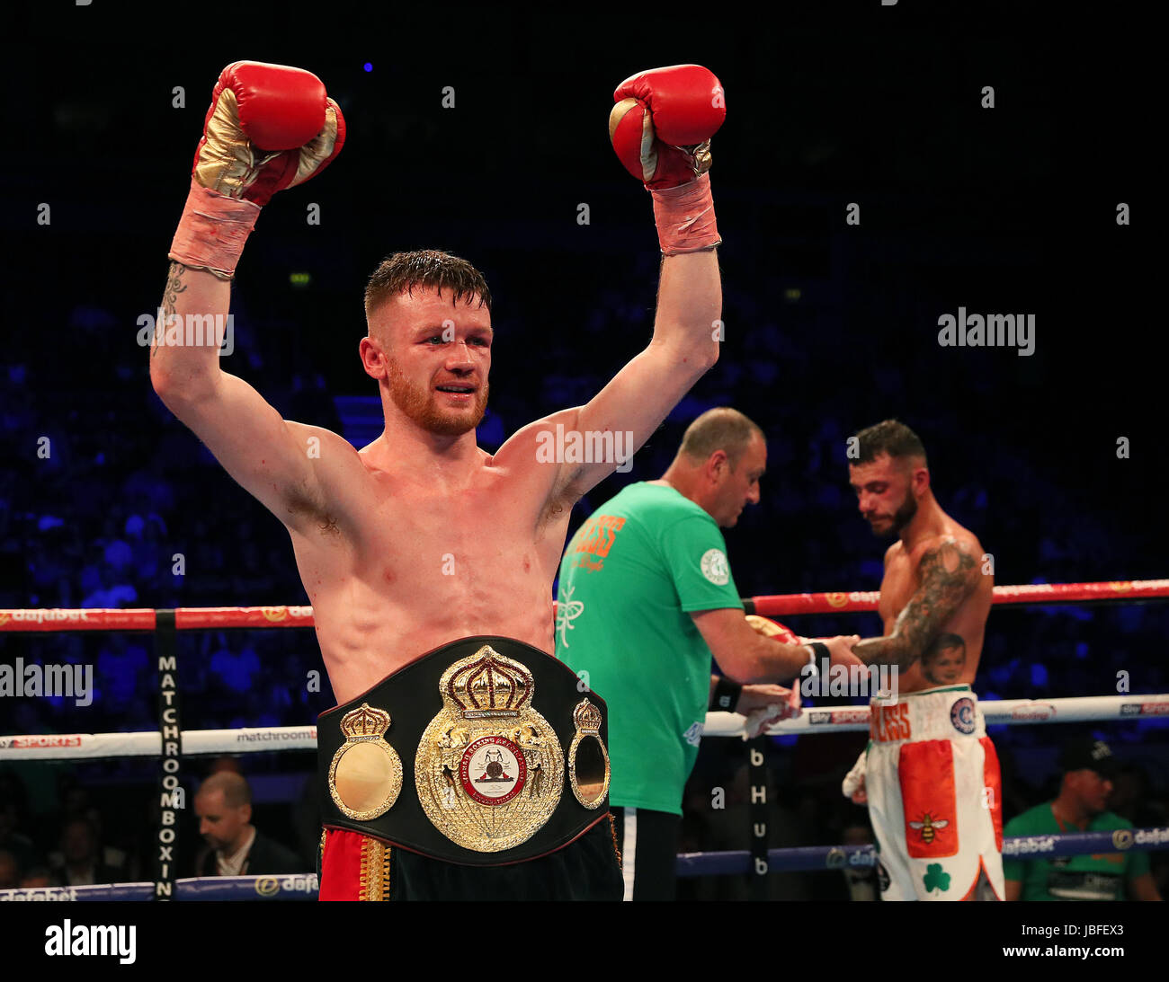 James Tennyson celebrates after defeating Ryan Doyle during their WBA International Super-Featherweight Championship at Odyssey Arena Belfast. PRESS ASSOCIATION Photo. Picture date: Saturday June 10, 2017. See PA story BOXING Belfast. Photo credit should read: Brian Lawless/PA Wire Stock Photo