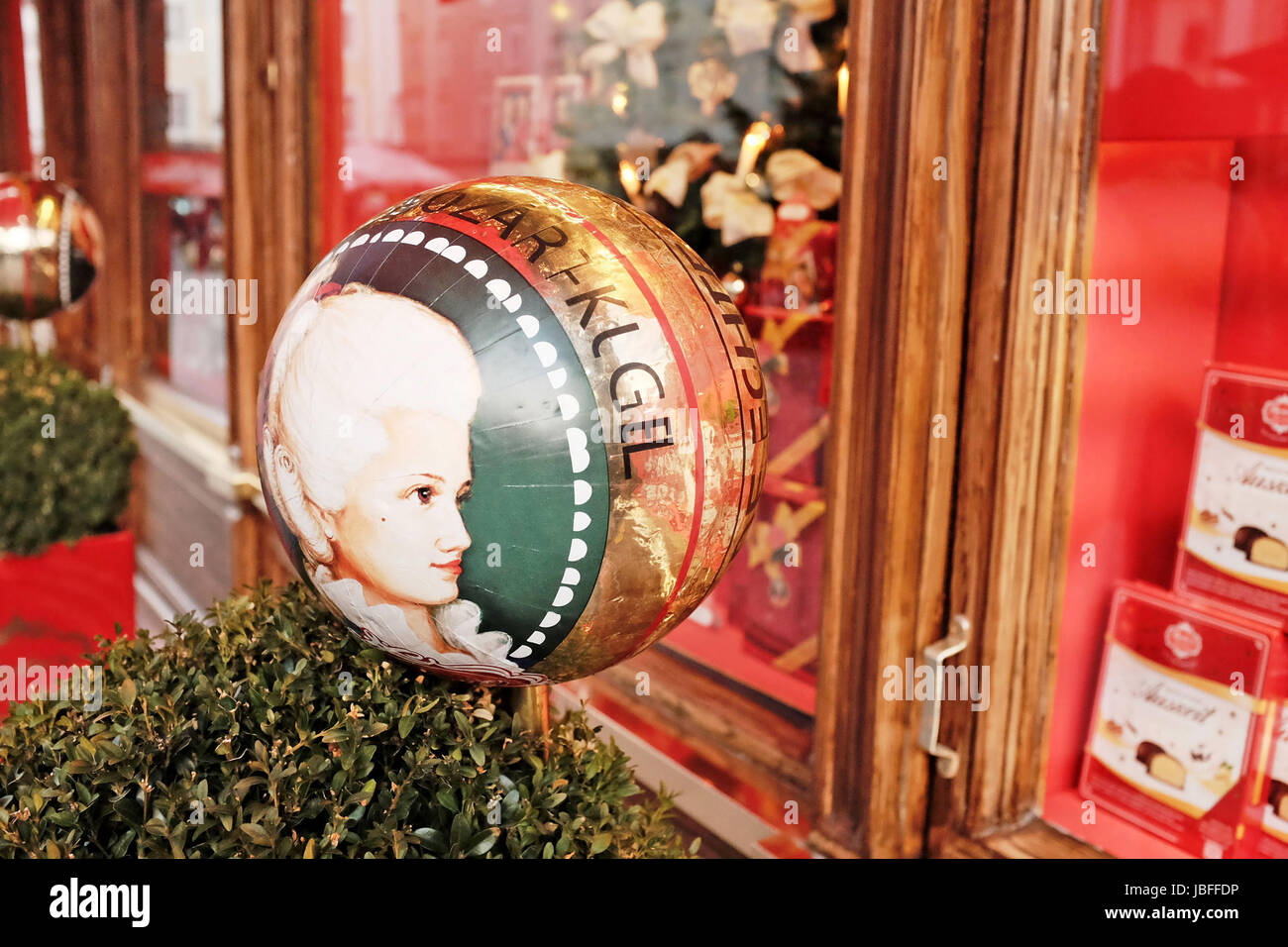 A balloon depicting Mozart outside a store in Salzburg, Austria. Stock Photo