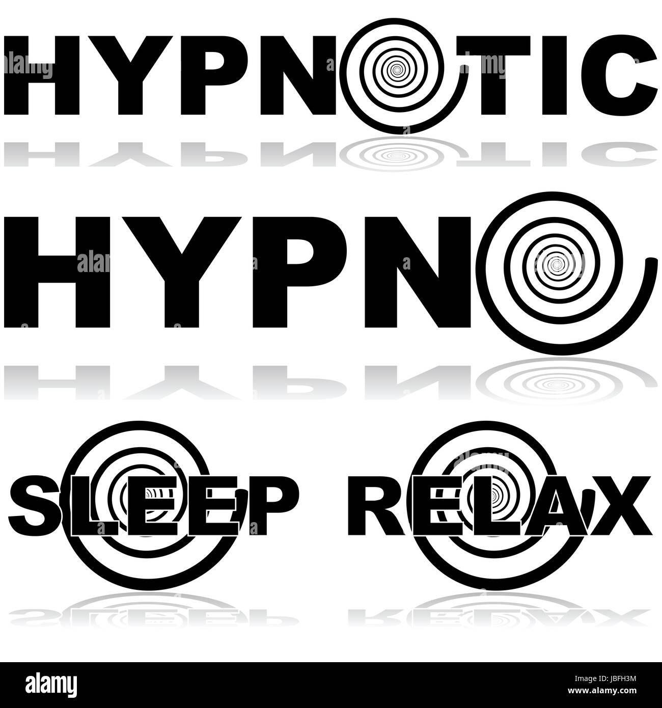 Icon set showing a hypnosis spiral in combination with certain words normally associated with this practice Stock Photo
