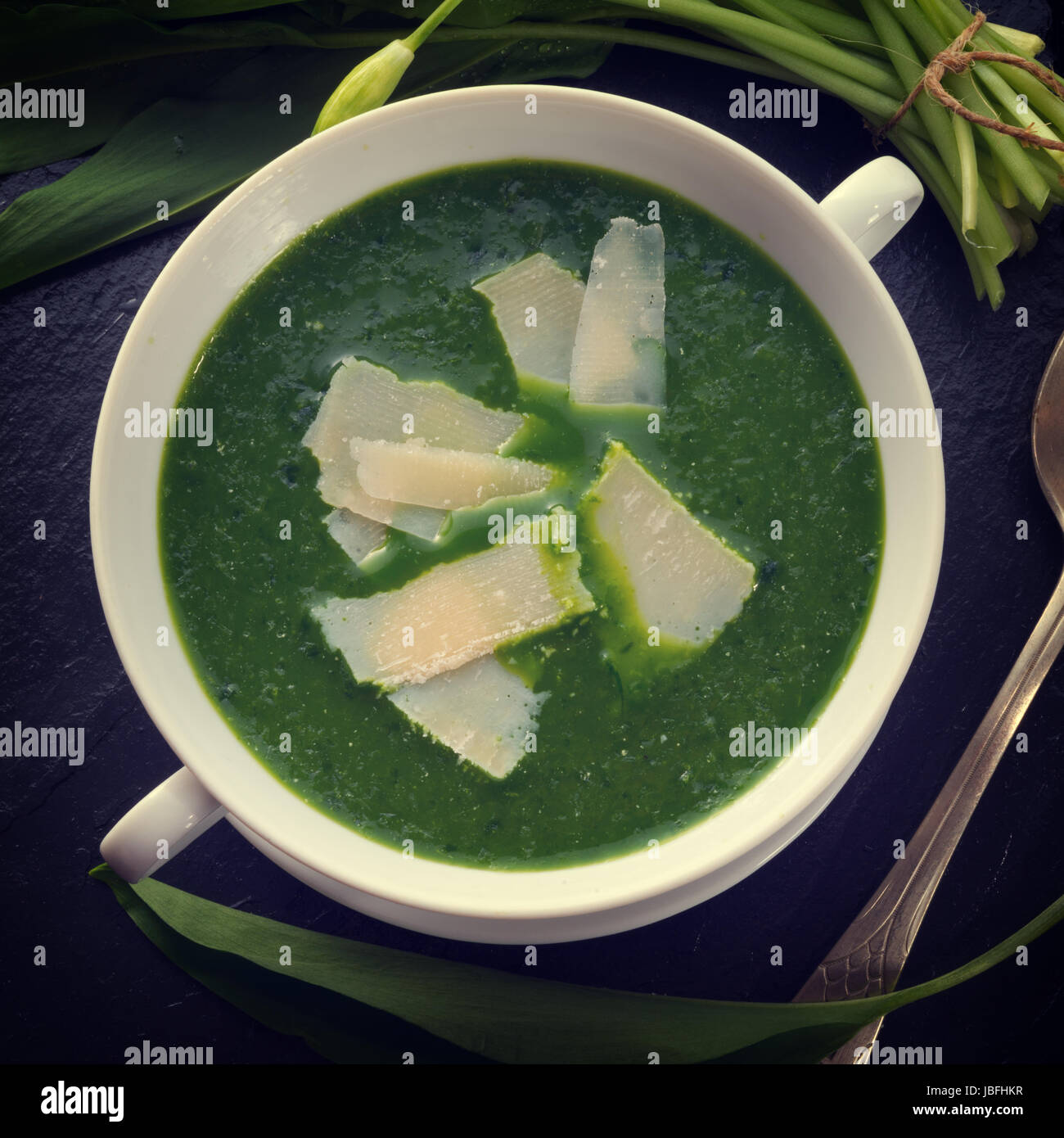 wild garlic soup with Parmesan Stock Photo