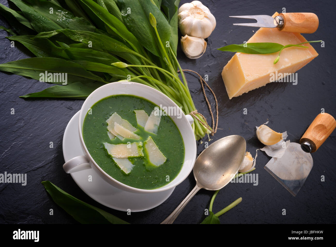 wild garlic soup with Parmesan Stock Photo