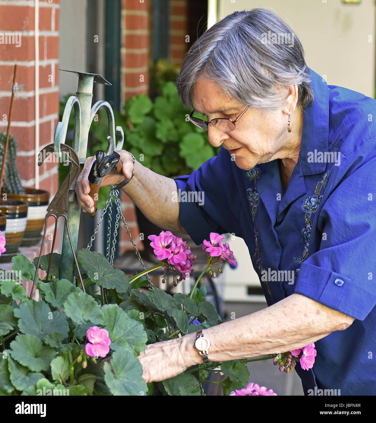 Portrait of an elder woman working at her home garden Stock Photo - Alamy