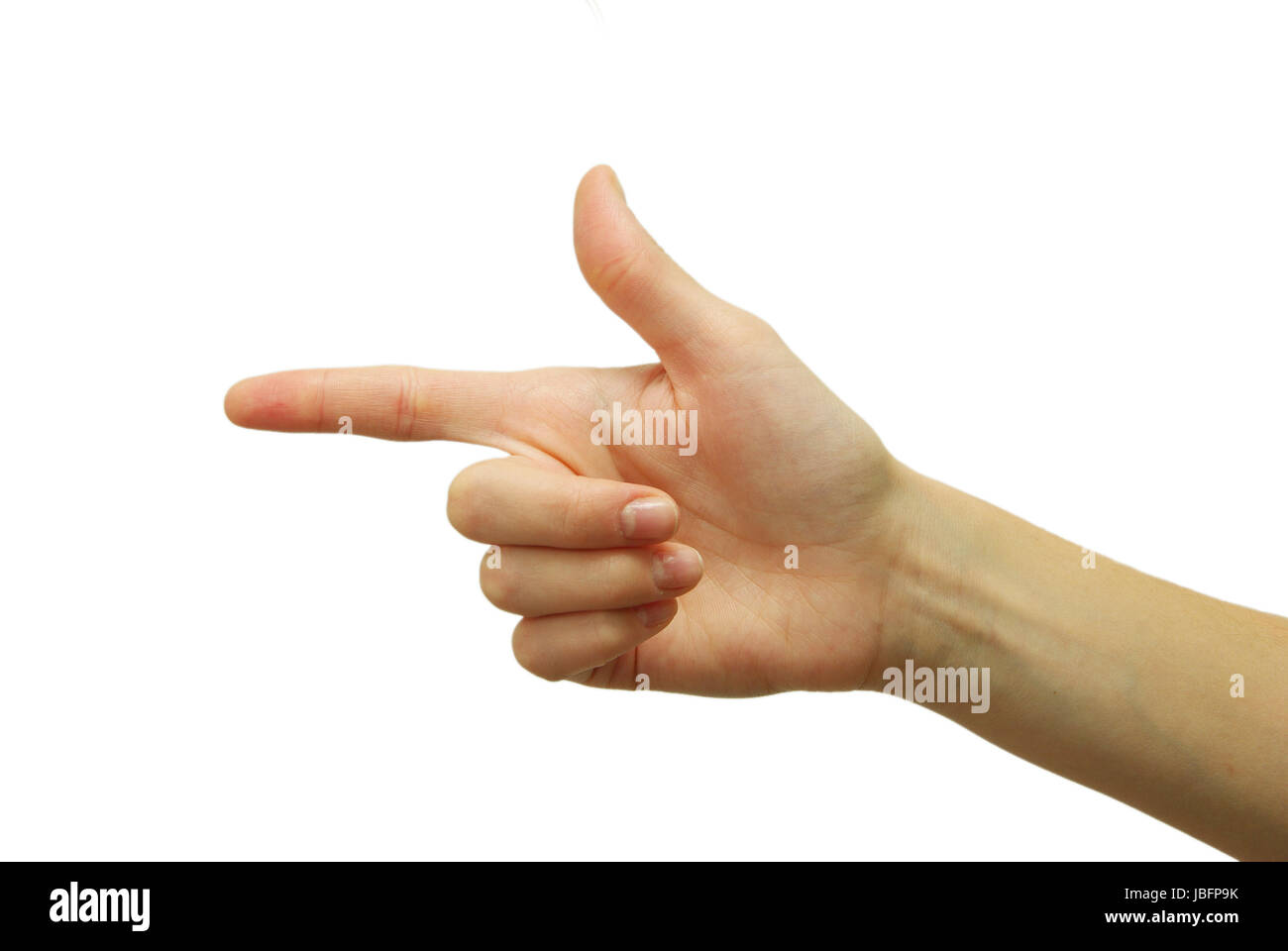 hand pointing with index finger against a white background Stock Photo ...