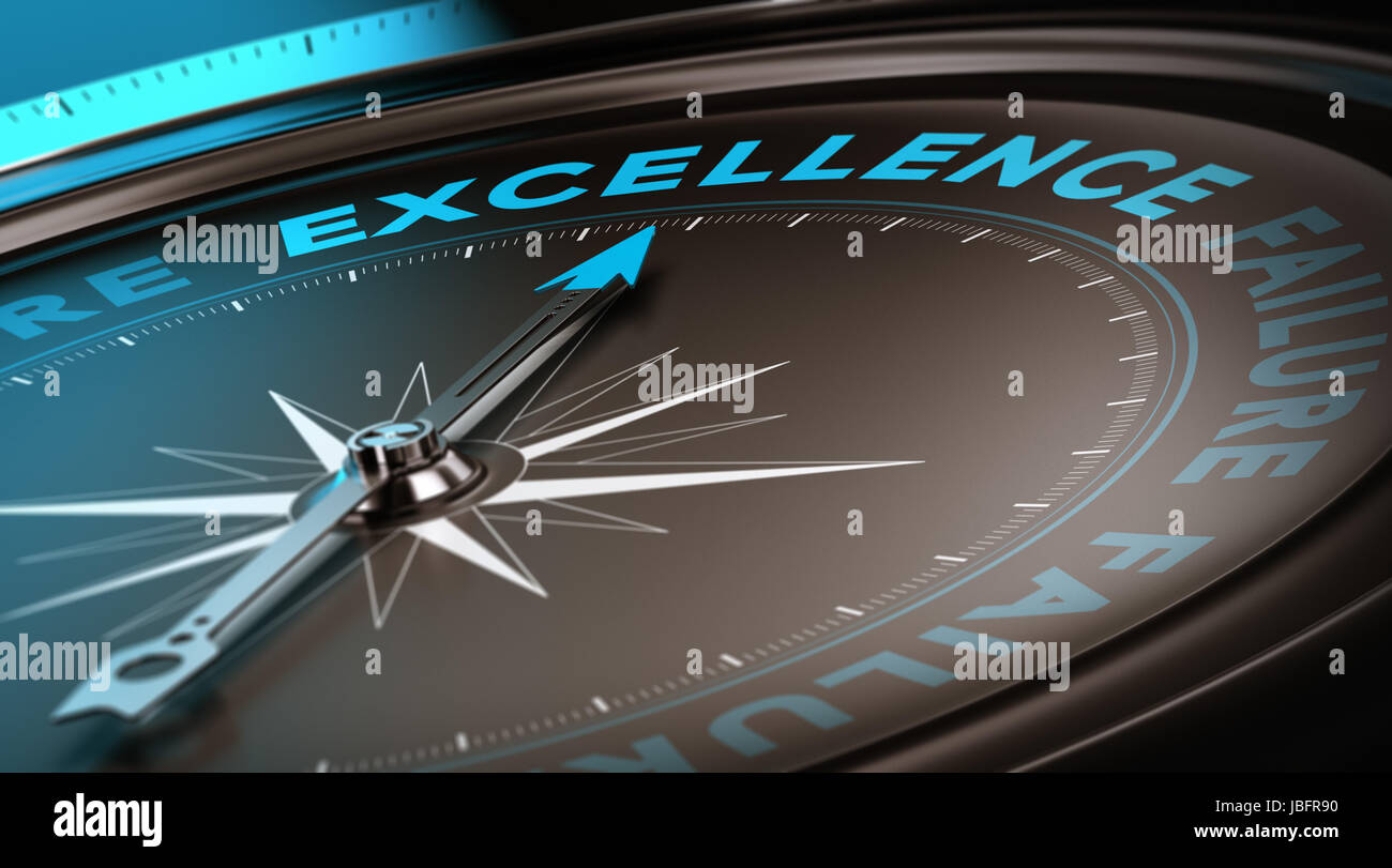 Compass with focus on the word excellence. Quality service concept