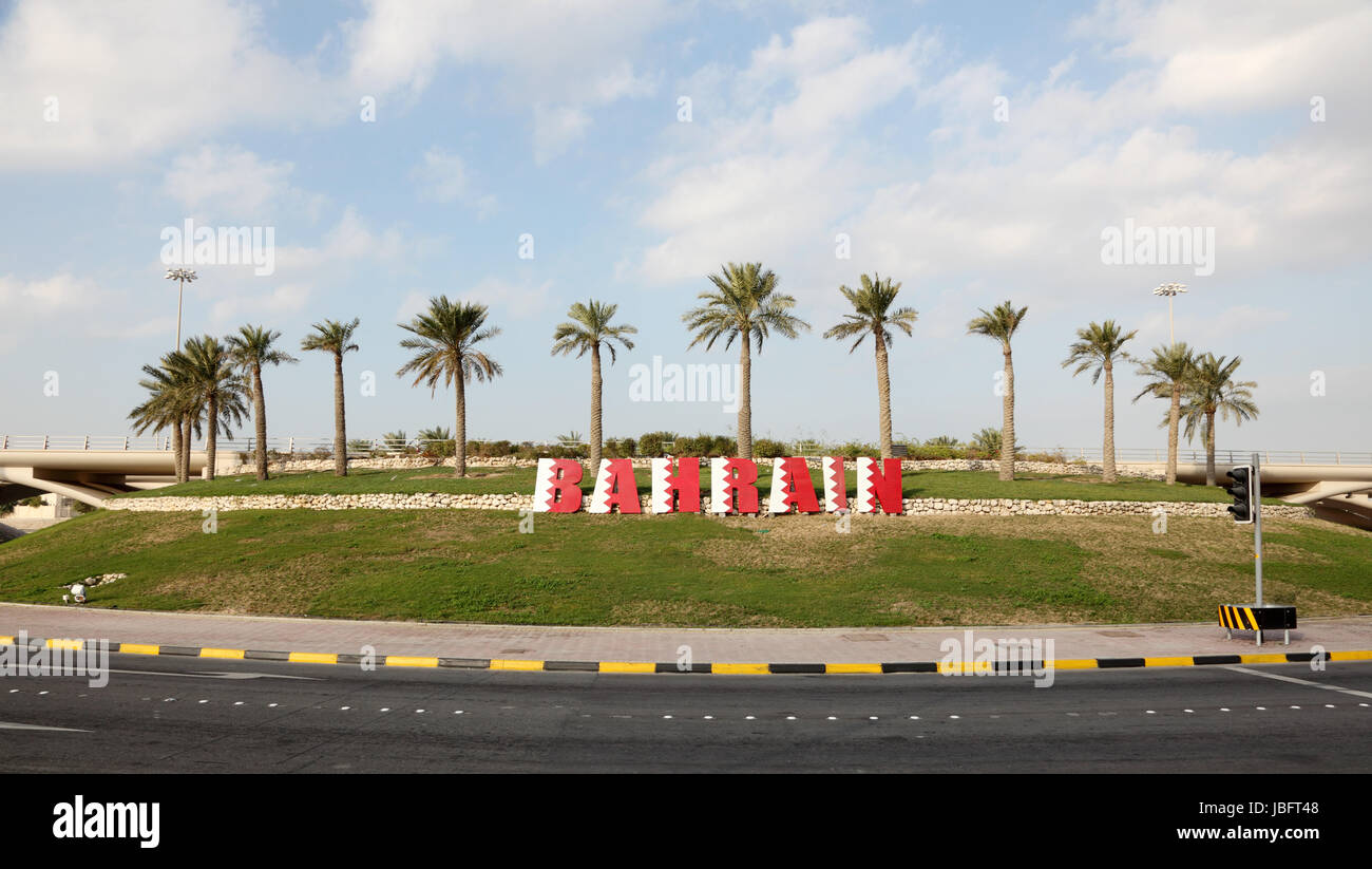 Bahrain sign in a roundabout. Kingdom of Bahrain, Middle East Stock