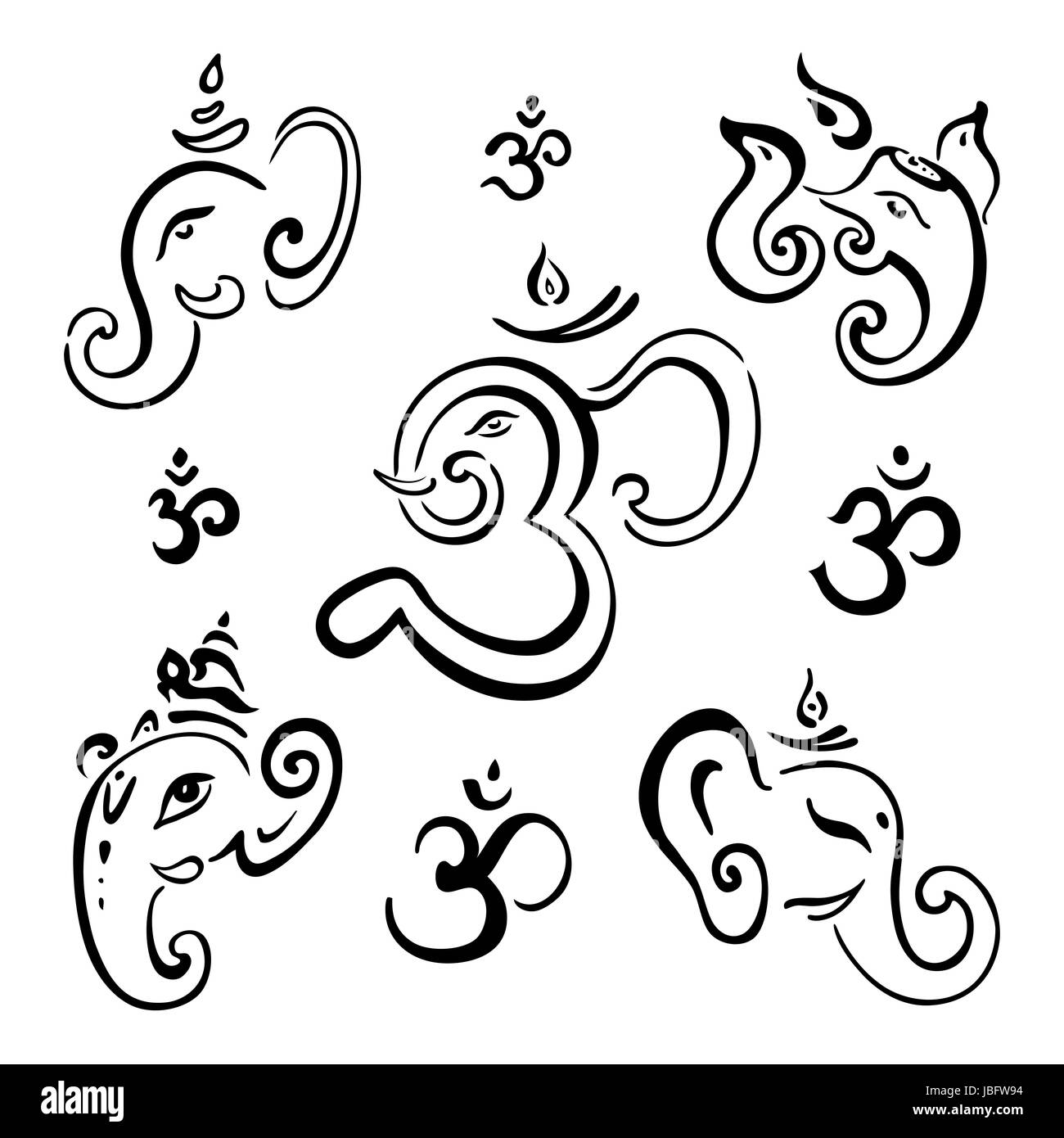 Hindu God Ganesha. Vector hand drawn illustration set. Stock Photo