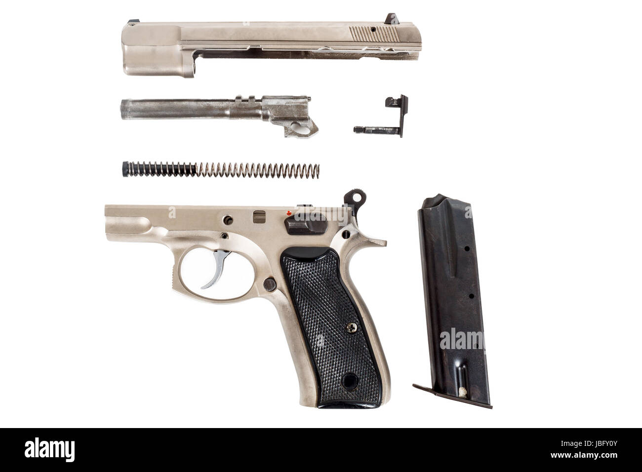 real Semi automatic gun disassembled on white background Stock Photo