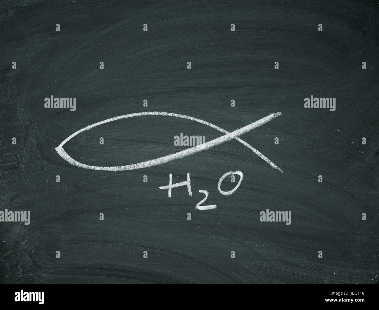 Fisch mit H20 auf Tafel gezeichnet schwarz weiß Stock Photo