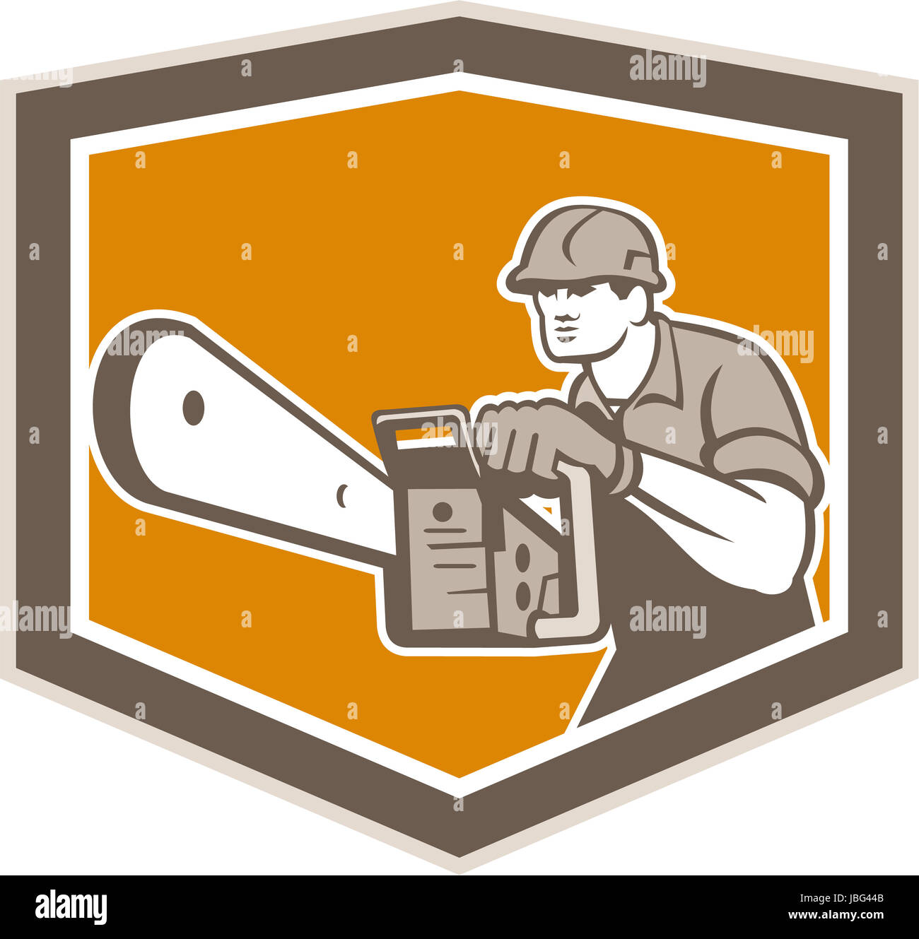 Illustration of lumberjack arborist tree surgeon operating a chainsaw viewed from front set inside crest shield shape on isolated white background done in retro style. Stock Photo