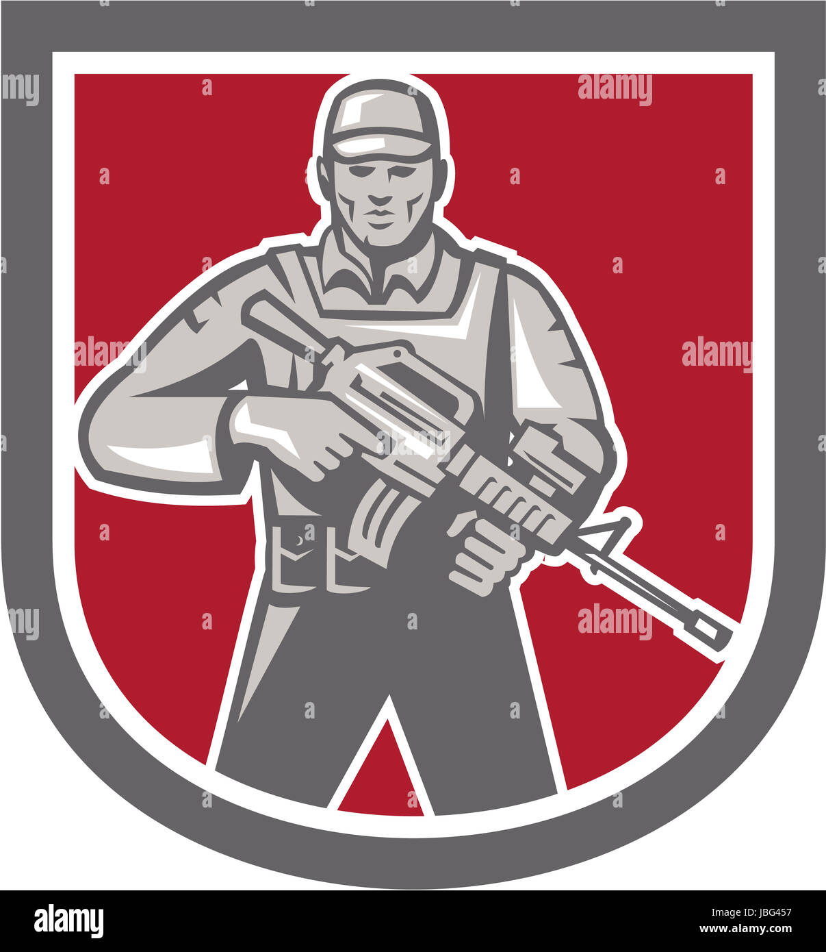 Illustration of a soldier serviceman with assault rifle facing front set inside shield crest shape on isolated white background done in retro style. Stock Photo