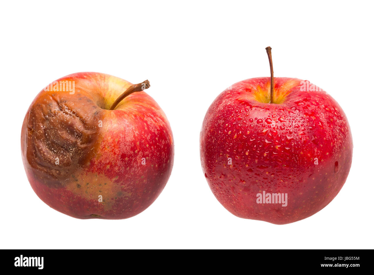 Frischer und verfaulter Apfel als Vergleich Stock Photo