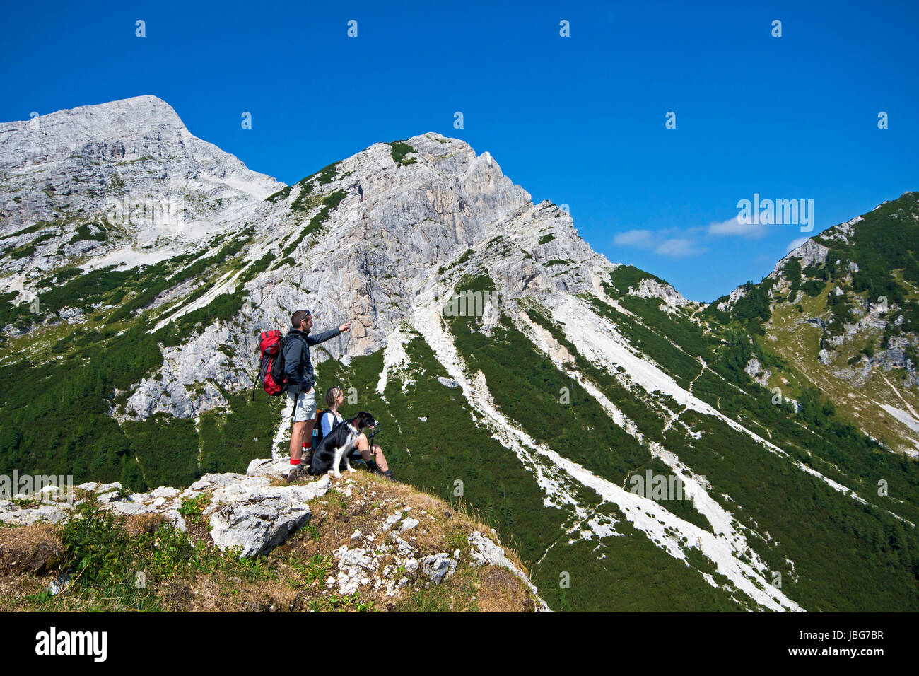 Hikers with backpacks enjoying view from top of a mountain Stock Photo ...