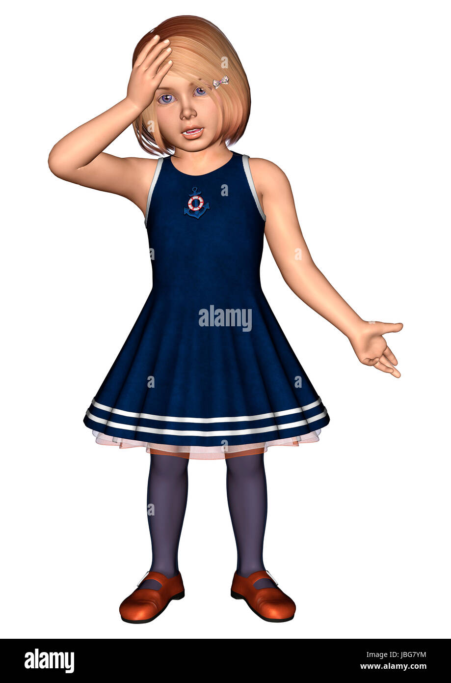 3D digital render of a cute little girl holding a hand to her head ...