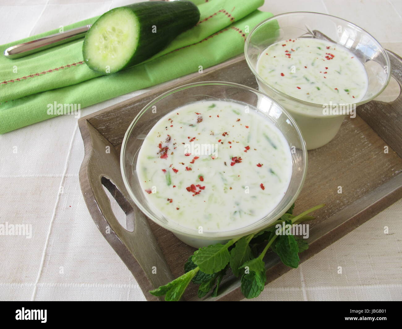 cold cucumber soup served in glass Stock Photo