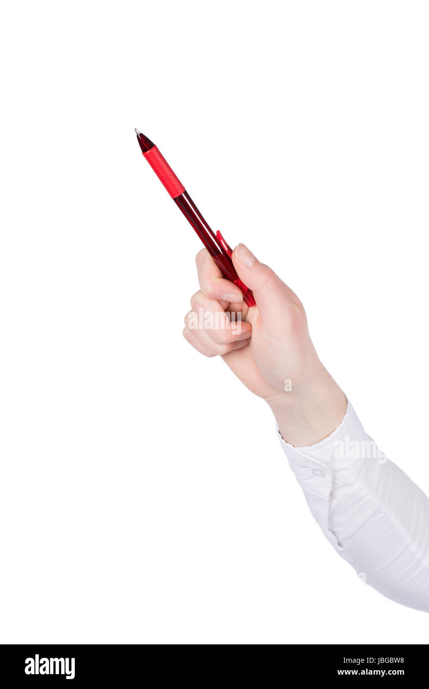 Freigestelltes Foto einer Frauenhand, die einen roten Kugelschreiber hält Stock Photo