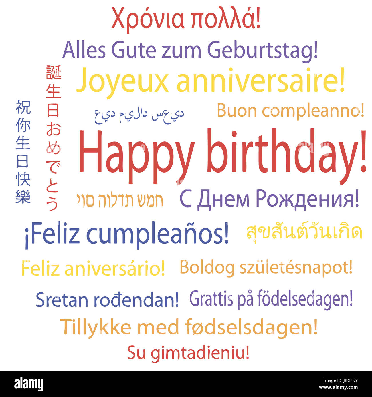 Happy birthday in many languages, vector illustration Stock Photo