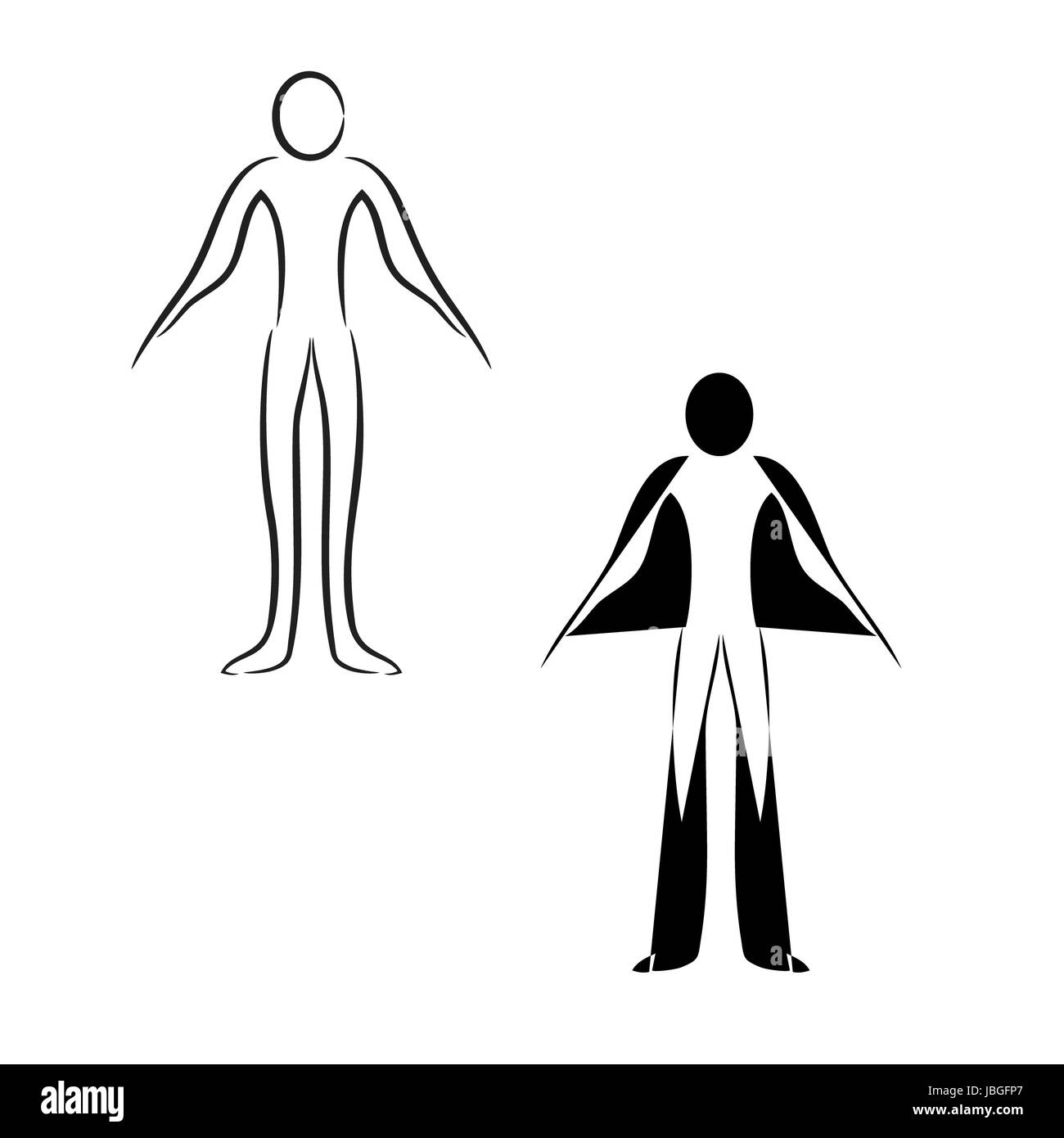 Vector sketch of two sides of man, ordinary and superhero. Stock Photo