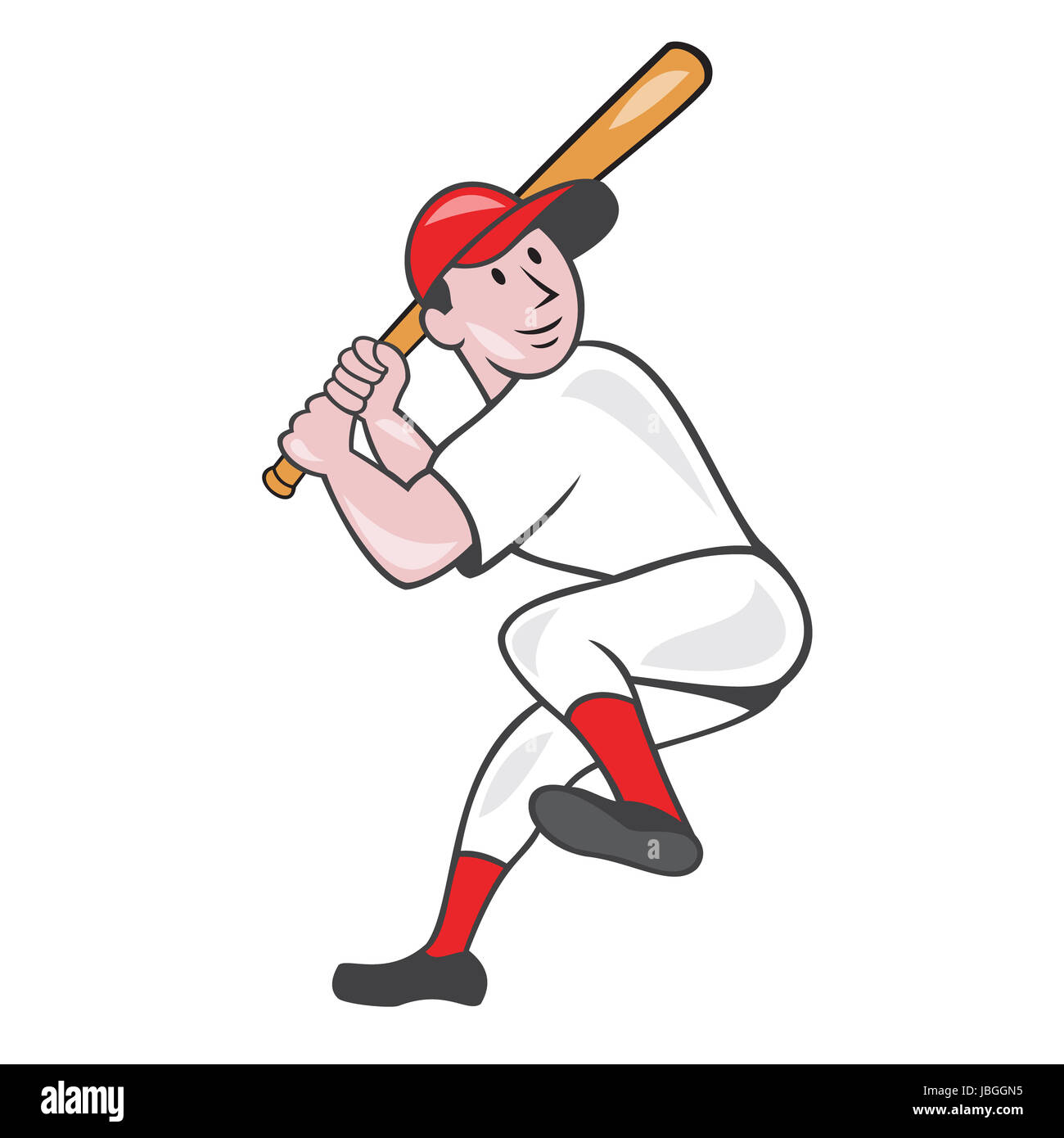 Illustration of an american baseball player batter hitter batting with one leg up done in cartoon style isolated on white background. Stock Photo