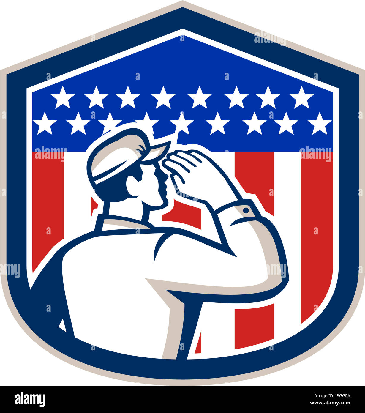 Illustration of an American soldier serviceman saluting USA stars and stripes flag viewed from rear set inside shield crest shape done in retro style. Stock Photo