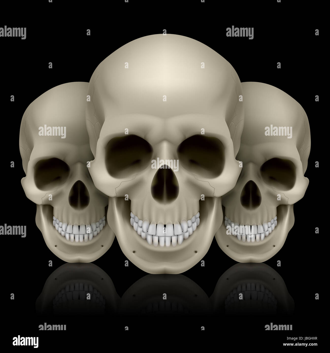 Illustration of three skulls with reflection on black background Stock Photo
