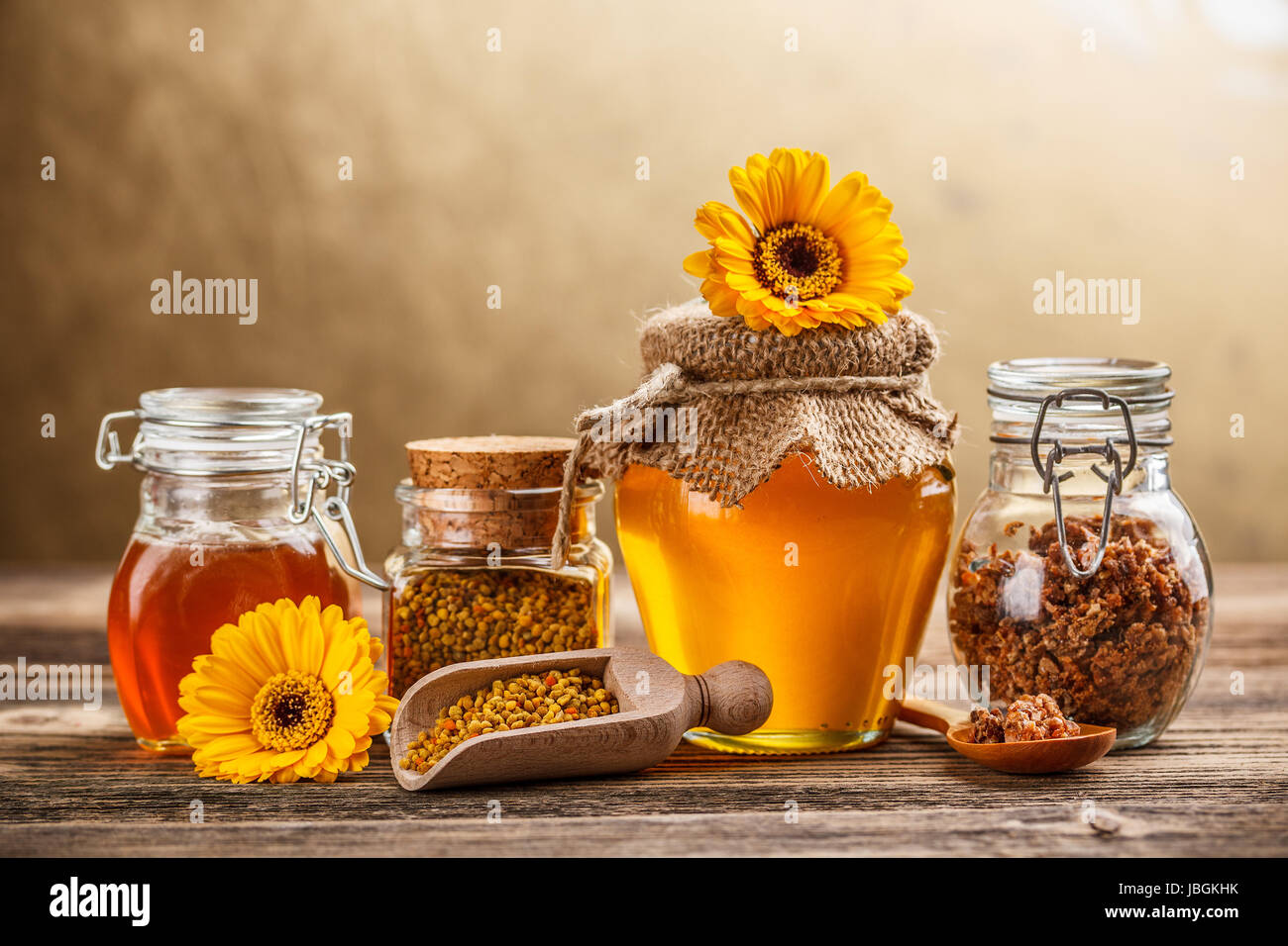 Apiary product, honey, pollen and propolis Stock Photo - Alamy