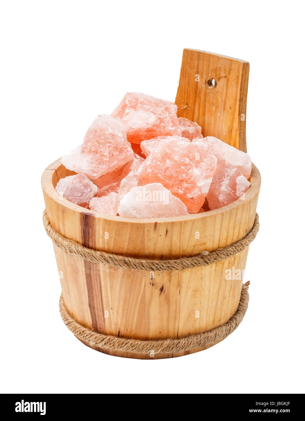 Himalayan pink salt crystal in wooden bucket for a bath Stock Photo