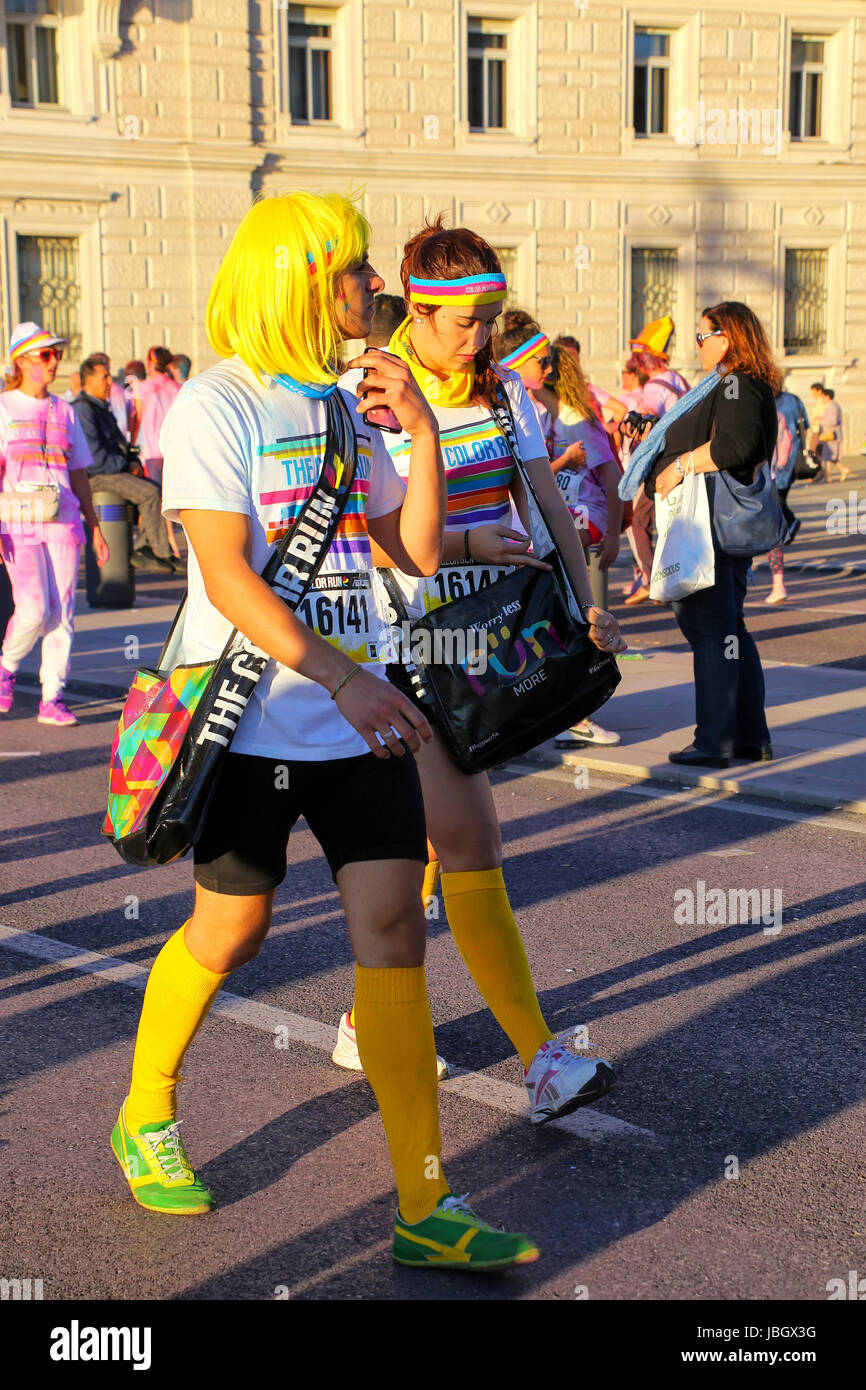 Young people taking part in The Color Run in Trieste, Italy. Trieste is the capital of the autonomous region Friuli-Venezia Giulia Stock Photo