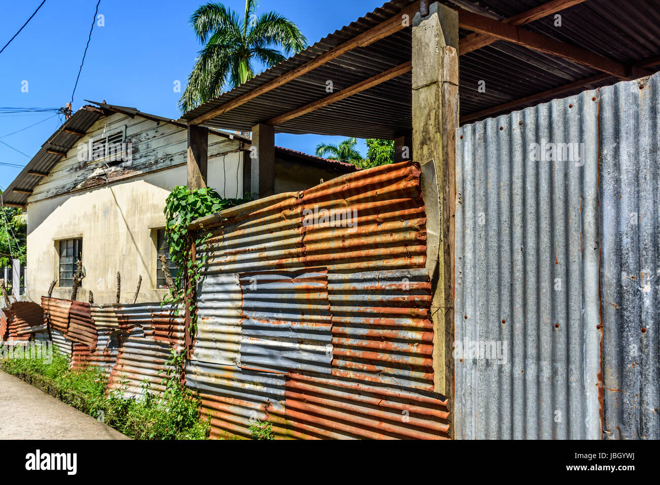 Livingston, Guatemala August 31, 2016 Typical simple house with corrugated iron outbuilding