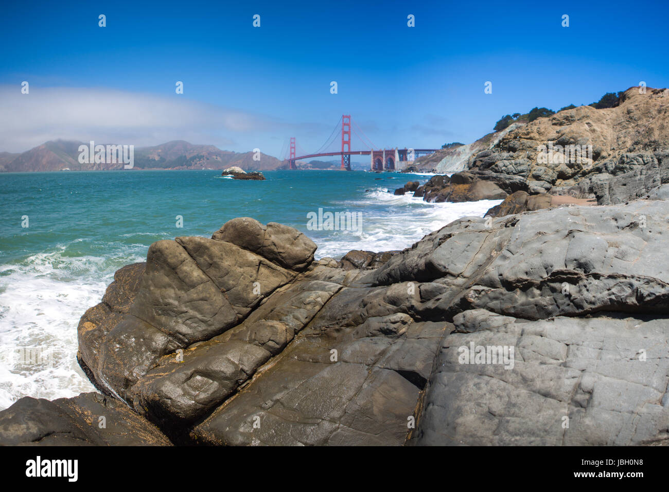 Panorama of the golden gate suspension bridge spanning the Golden Gate
