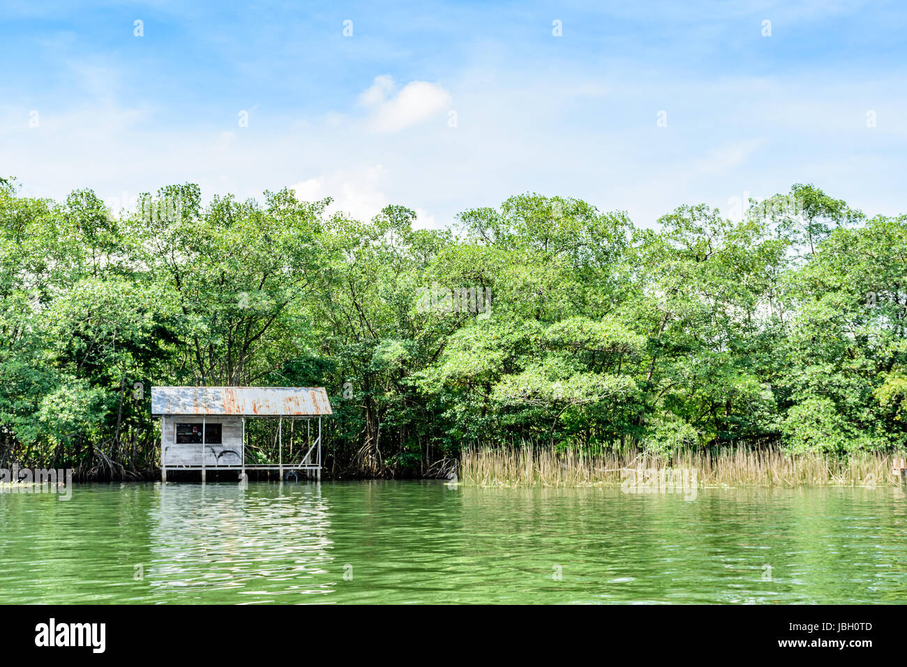 Wooden house on stilts with tin roof on riverbank in Guatemala, Central America Stock Photo