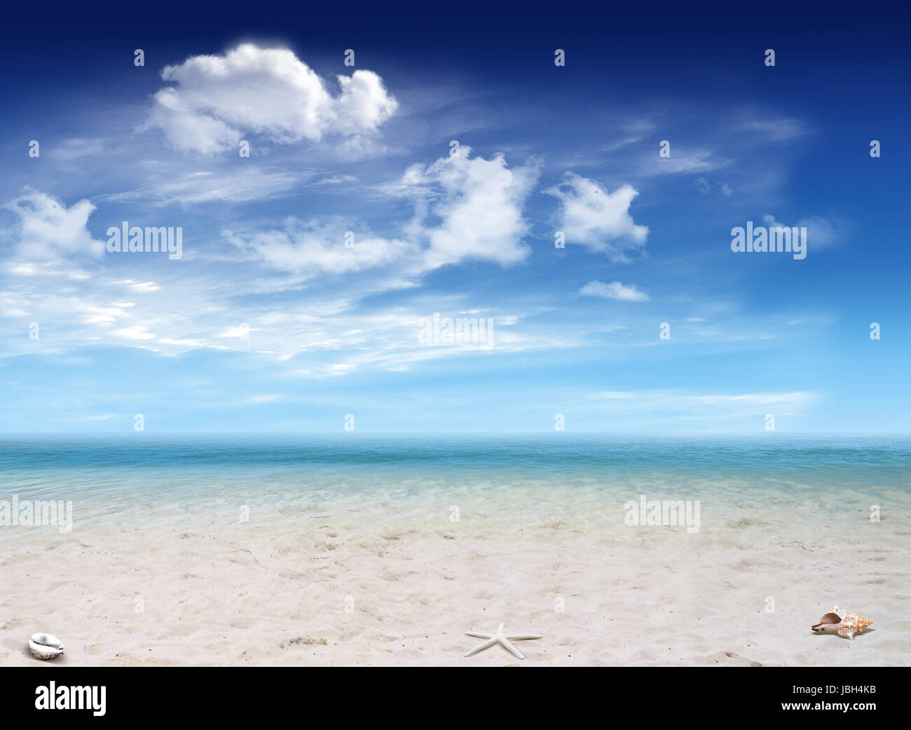 Tropical beach with shells and blue sky and clouds in the background ...
