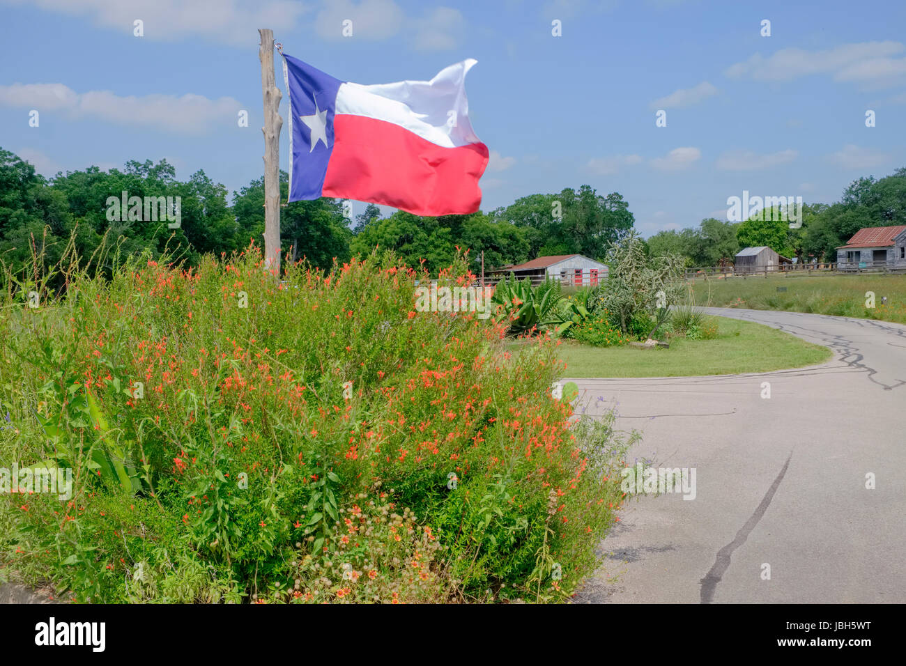 Texas state flag displayed at entrance to Berry Springs Park Georgetown Texas Williamson County Stock Photo