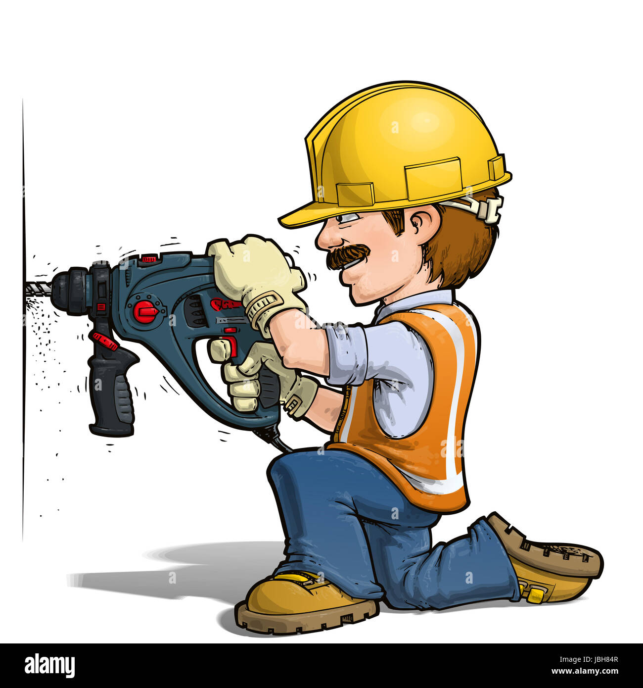 Cartoon illustration of a construction worker drilling on a wall Stock