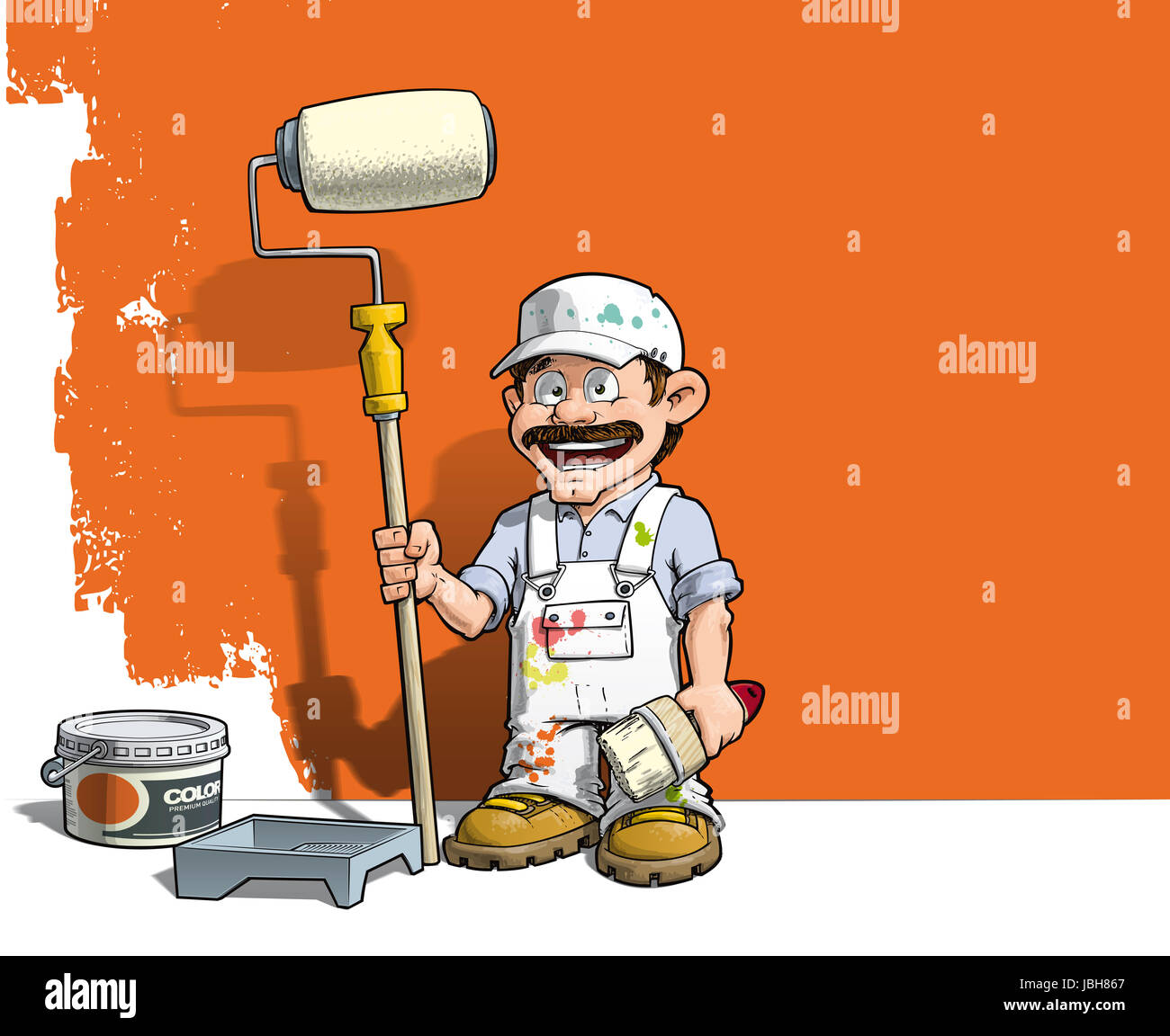 Cartoon illustration of a handyman Painter standing by a paint bucket