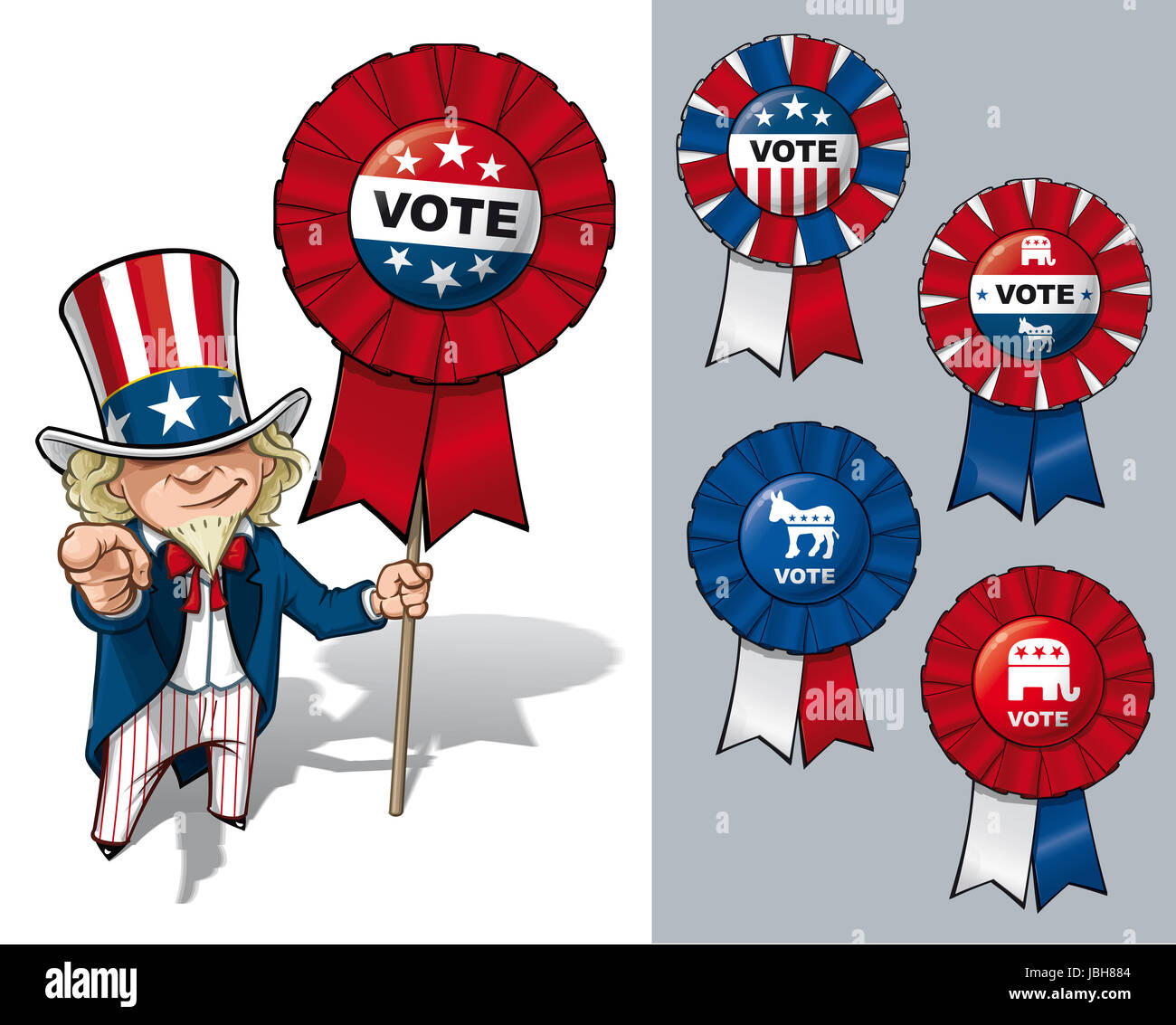 Vector Cartoon Illustration of Uncle Sam holding a Vote ribbon - banner - badge and pointing 'I want you' like the classic WWI poster. All options are in-place neatly in well described groups and layers Stock Photo