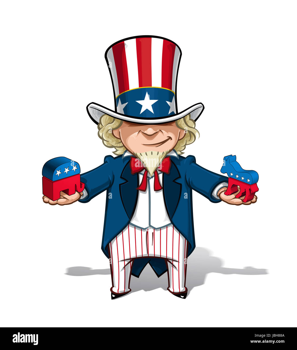 Vector Cartoon Illustration of Uncle Sam holding mockups of the Democratic Party Donkey and The Republican Party Elephant mascots. Stock Photo
