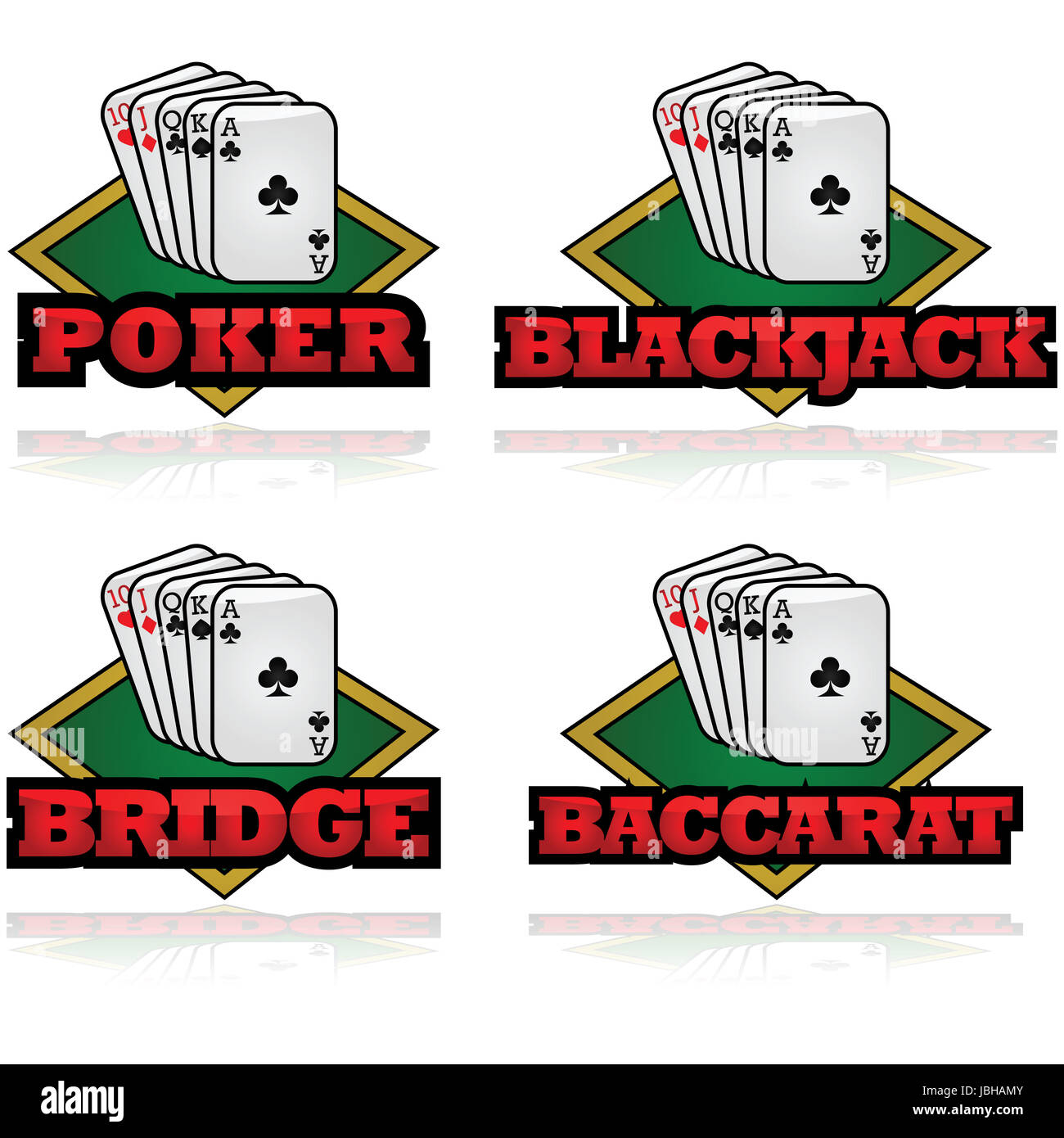 Concept illustration showing a few cards and the name of popular card games in front Stock Photo
