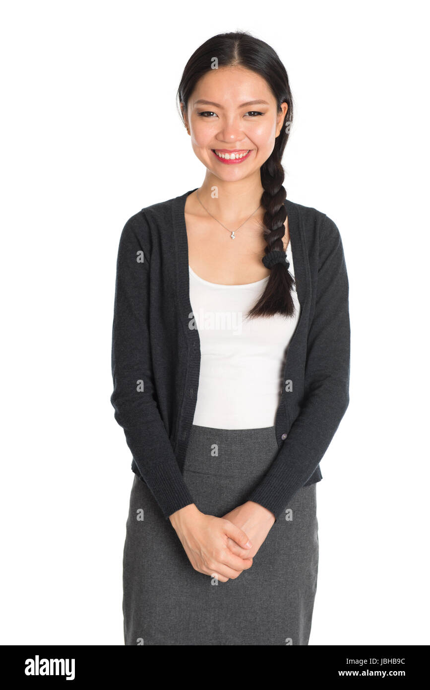 Portrait of Asian business woman standing isolated on white background ...