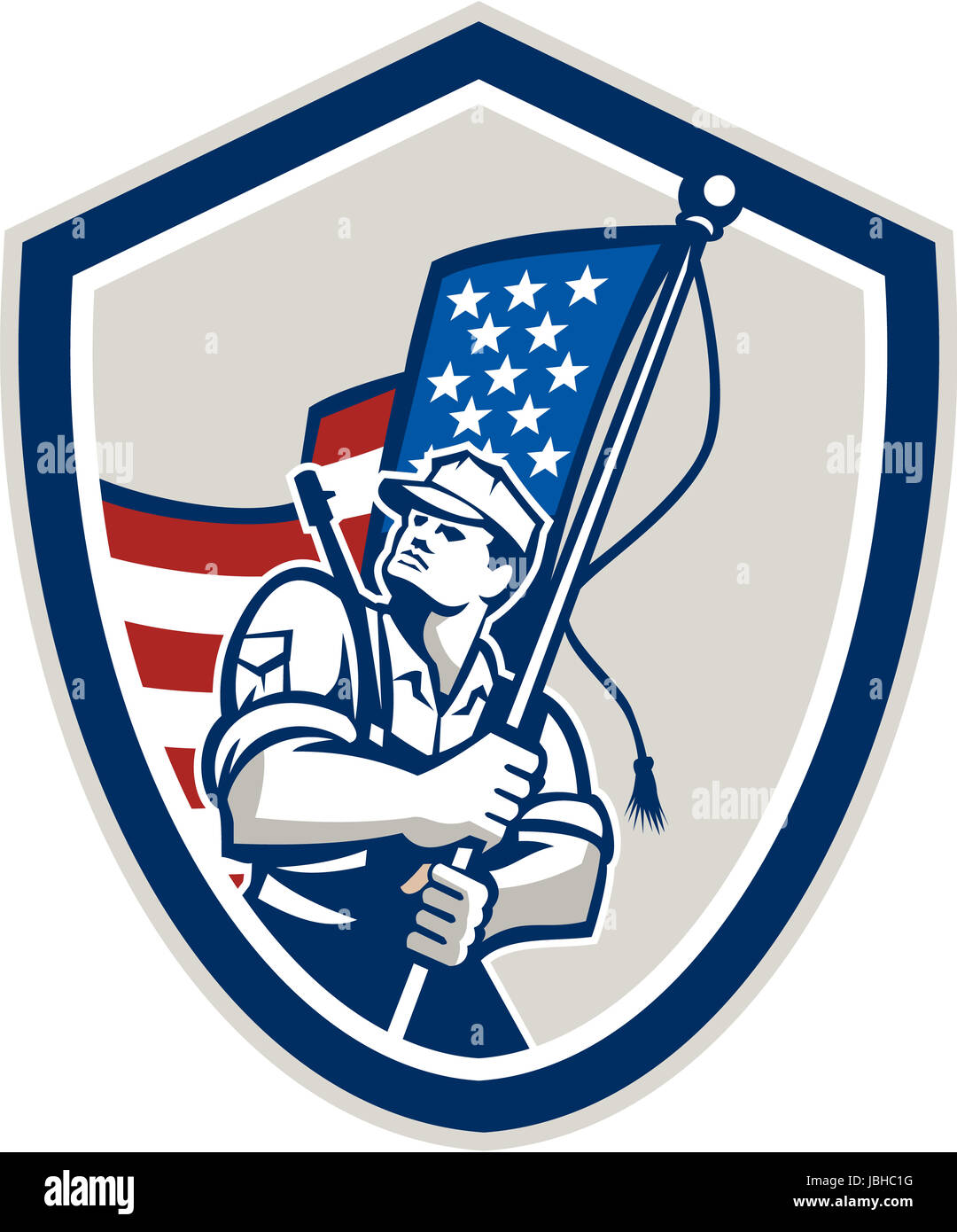Illustration of an American soldier serviceman waving a USA stars and stripes flag viewed from front set inside shield crest shape done in retro style. Stock Photo