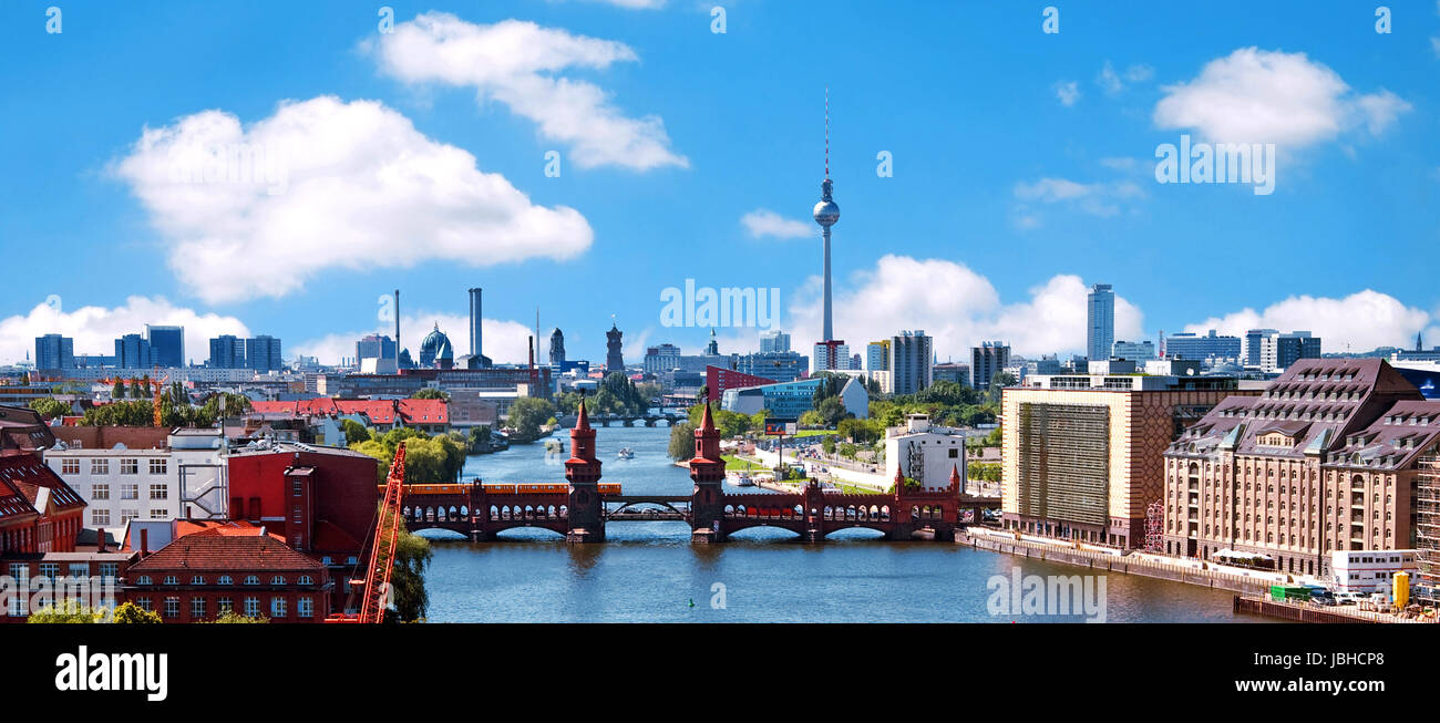 Berlin Skyline Aerial View With River Spree And Oberbaumbruecke Stock Photo Alamy