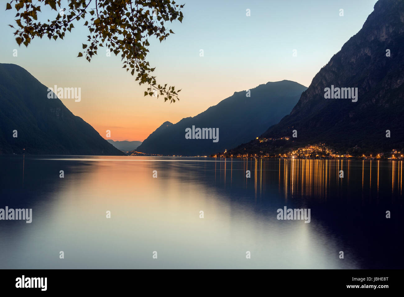 Italian Lakes - Lake Lugano at Porlezza in northern Italy at dusk Stock ...