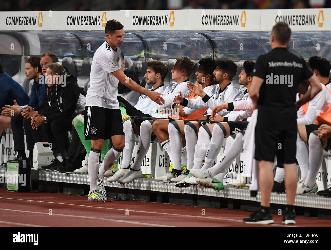 Germany's Julian Draxler (front L) passes the bench upon his substitution during the World Cup qualifying group C soccer match between Germany and San Marino in Nuremberg, Germany, 10 June 2017. Photo: Sven Hoppe/dpa Stock Photo