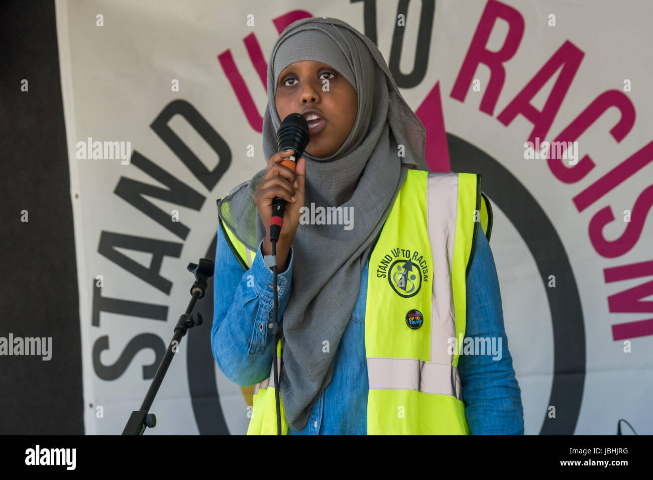 June 10, 2017 - London, UK - London, UK. 10th June 2017. A young Muslim woman who stood up to UKP leader Paul Nuttal over the rigth to wear what she wants speaks at the rally in Parliament Square with speeches, music and dancing celebrating the remarkable performance against all the odds made by Labour led by Jeremy Corbyn in the General Election. They call for support for him inside and outside the Labour Party and for the fight for Labour values to continue and for all Labour MPs to get behind a leader who has shown he can grow the Labour vote. Speakers called for Theresa May to go, and expr Stock Photo
