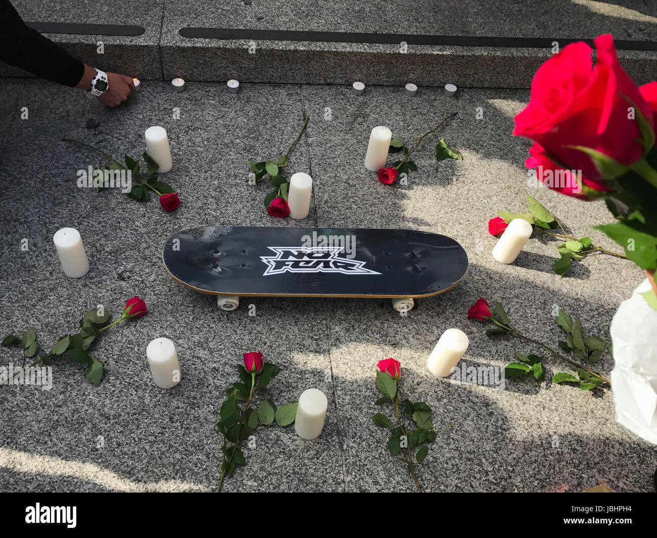 Spanish people gathered in Trafalgar Square to remember 39-year-old Ignacio Echeverria who died in the London Bridge terrorist attack. Stock Photo