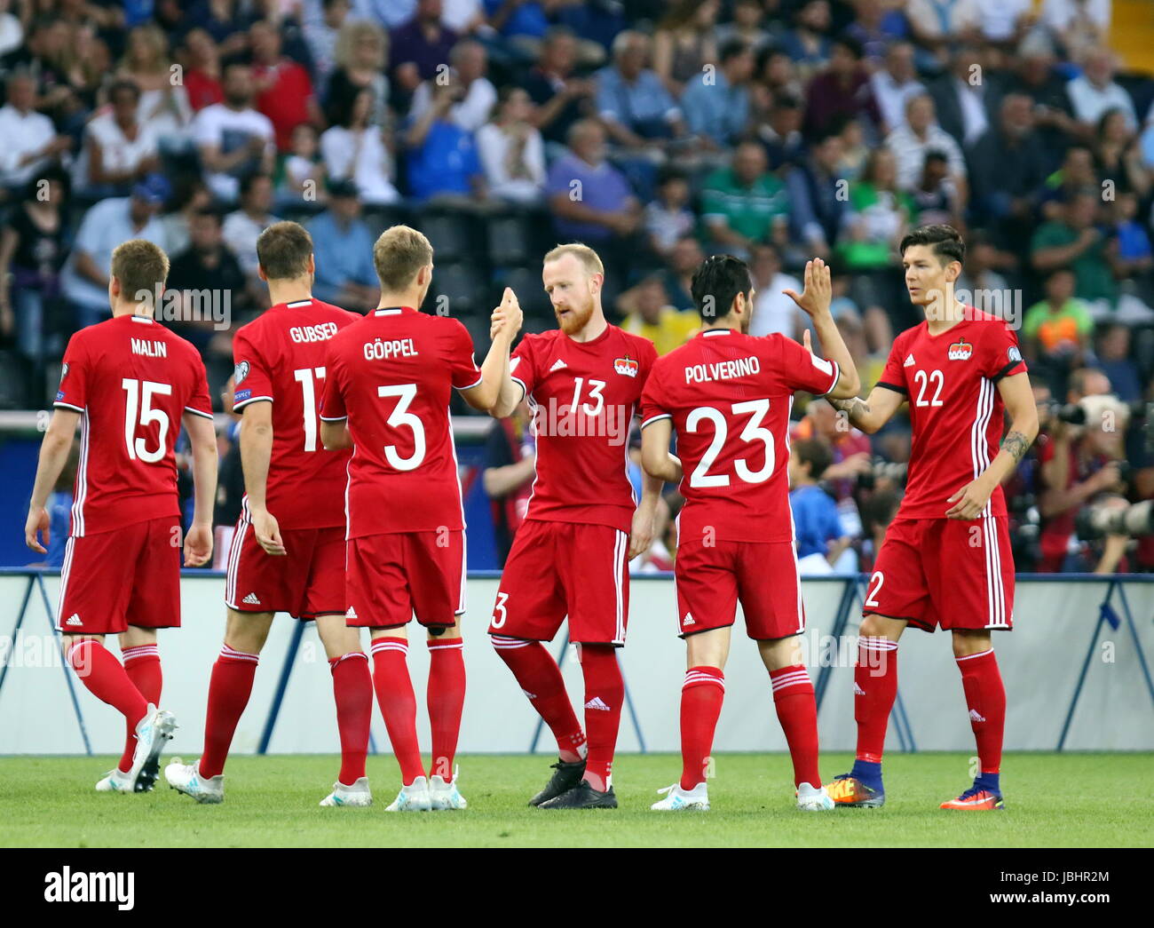 Udine, Friuli Venezia Giulia. 11th June, 2017. ITALY, Udine: Liechtenstein's midfielder Martin Buchel (C) with his teammates during of the FIFA World Cup 2018 qualification football match between Italy and Liechtenstein at Dacia Arena Stadium on 11th June, 2017. Credit: Andrea Spinelli/Alamy Live News Stock Photo