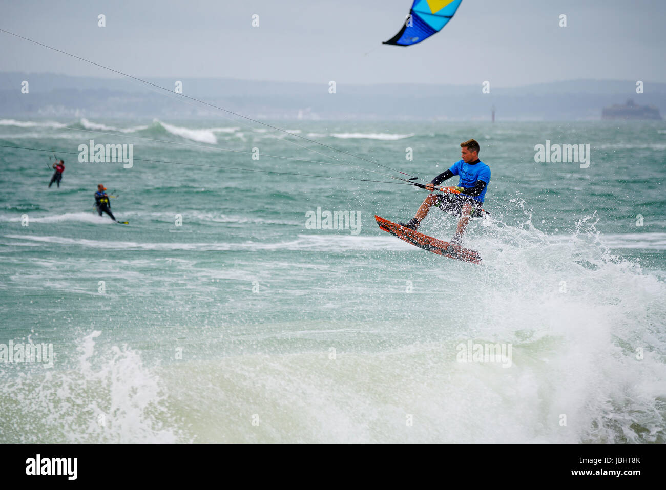 Beachlands, Hayling Island. 11th June 2017. The Virgin Kitesurfing Armada took place off Hayling Island today with excellent wind and waves. Kitesurfers making the most of the conditions off Beachlands, Hayling Island, Hampshire. Credit: james jagger/Alamy Live News Stock Photo