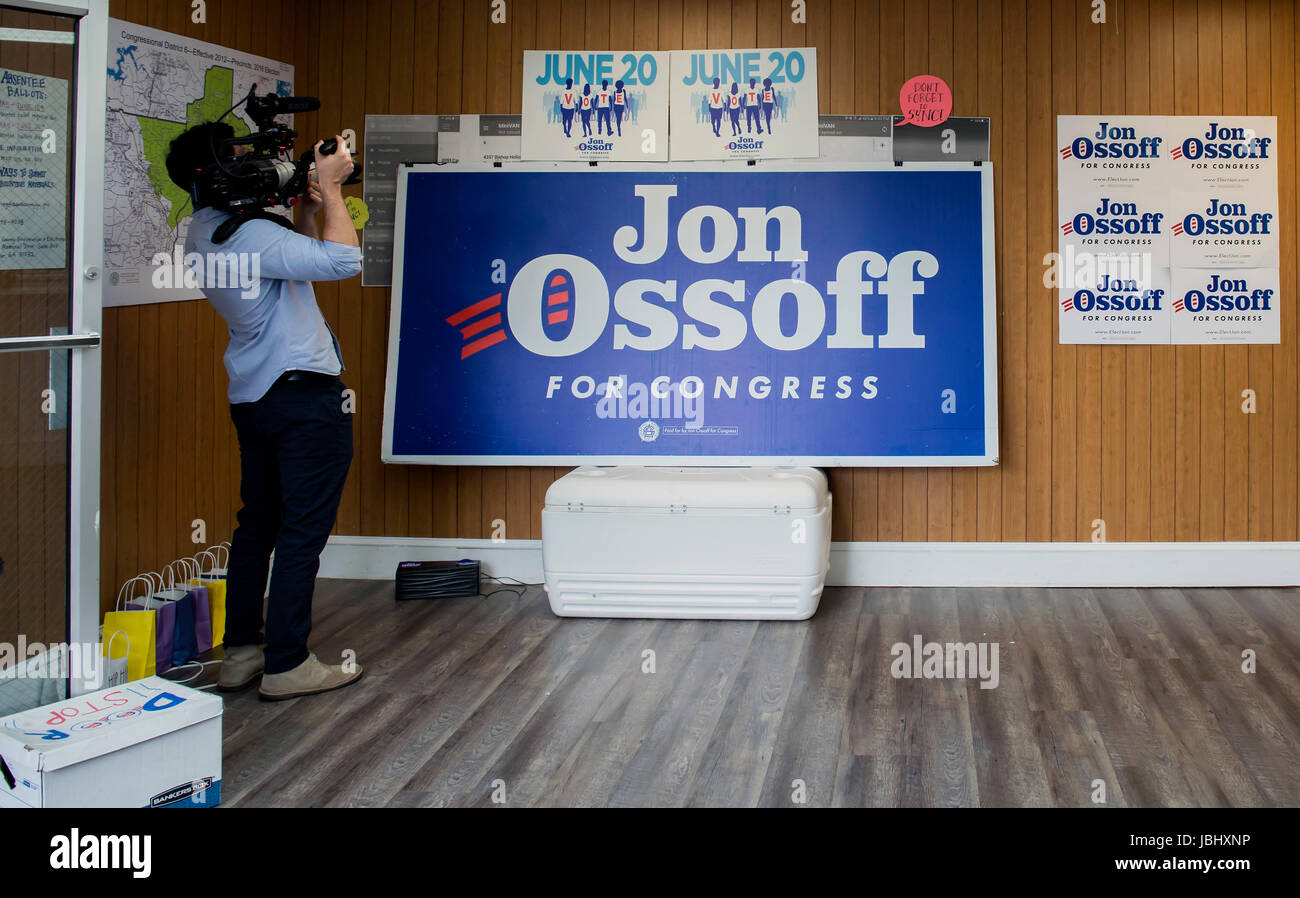 Chamblee, Georgia, USA. 11th June, 2017. A CNN photographer shoots B roll prior to an early voting canvass launch at the Chamblee field office of Jon Ossoff for Congress. Mr. Ossoff is the Democratic candidate in Georgia's Sixth District election on June 20. Credit: Brian Cahn/ZUMA Wire/Alamy Live News Stock Photo