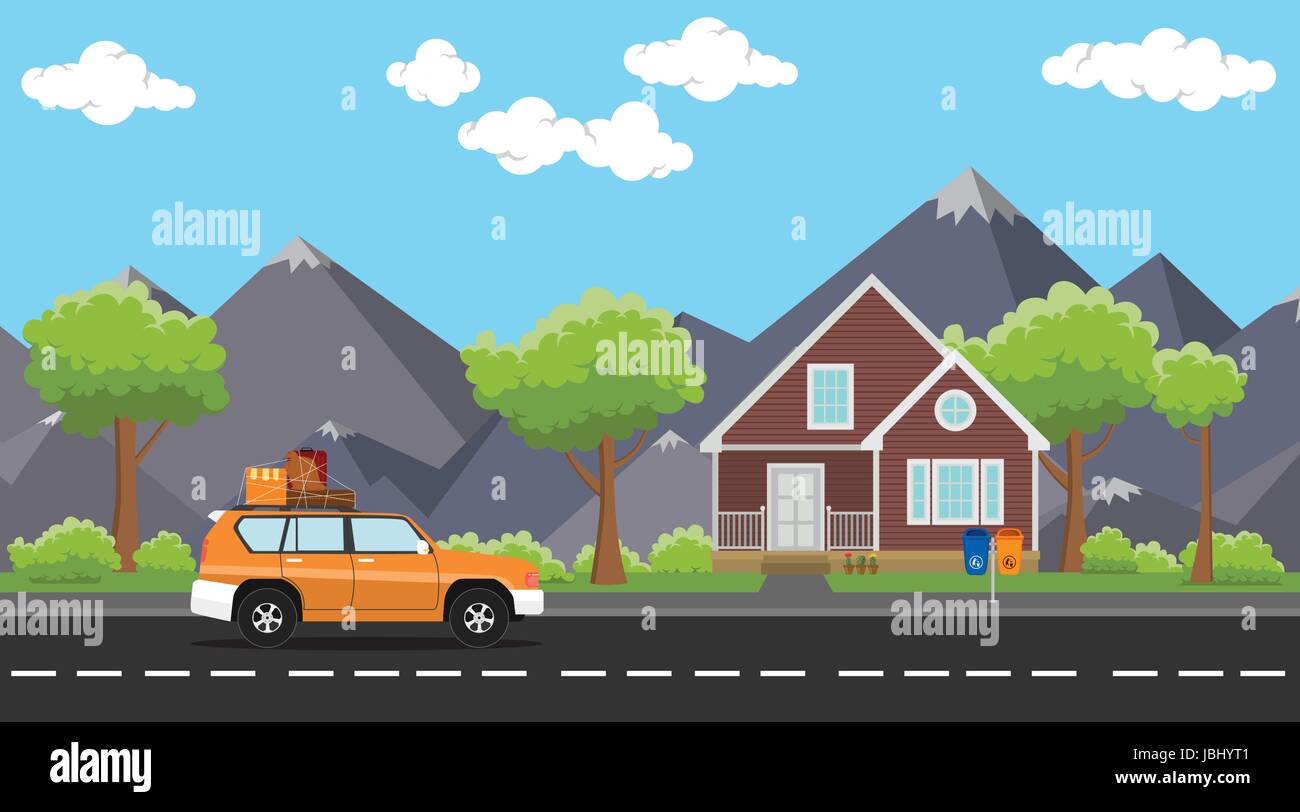 car move with a pack of lot goods on the road with house and tree mountain  as background Stock Vector Image & Art - Alamy