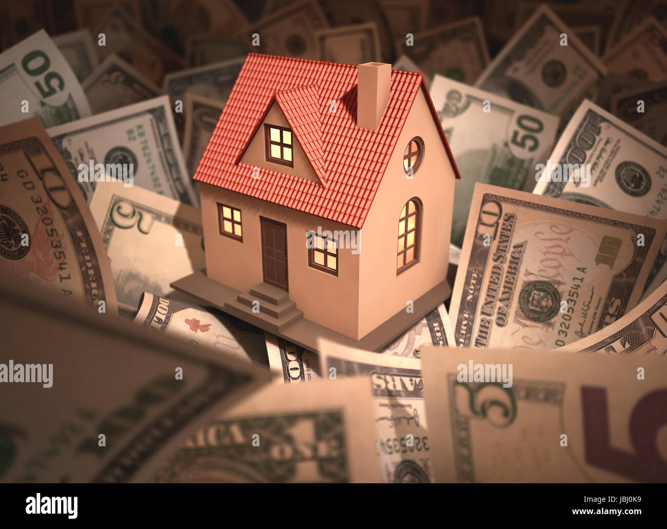 Small house surrounded by money with deph of field. Stock Photo